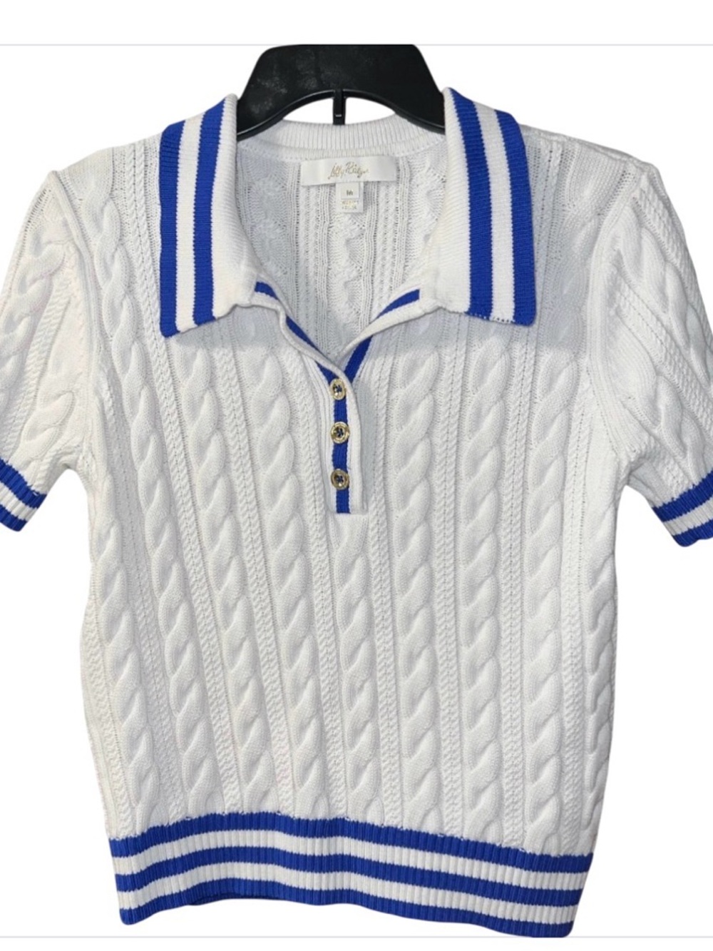 Lilly Pulitzer Suzette Sweater Polo White Blue Cable Knit Short Sleeve Top Sz M